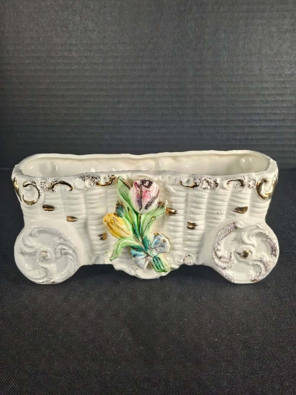 Tilso Japan's Ceramic Basket Wagon Planter Hand Painted Tulips Gold Trim